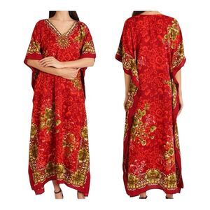 Miss Lavish Red Floral Kaftan Maxi Dress Boho Resort Muumuu Pockets US 14-18